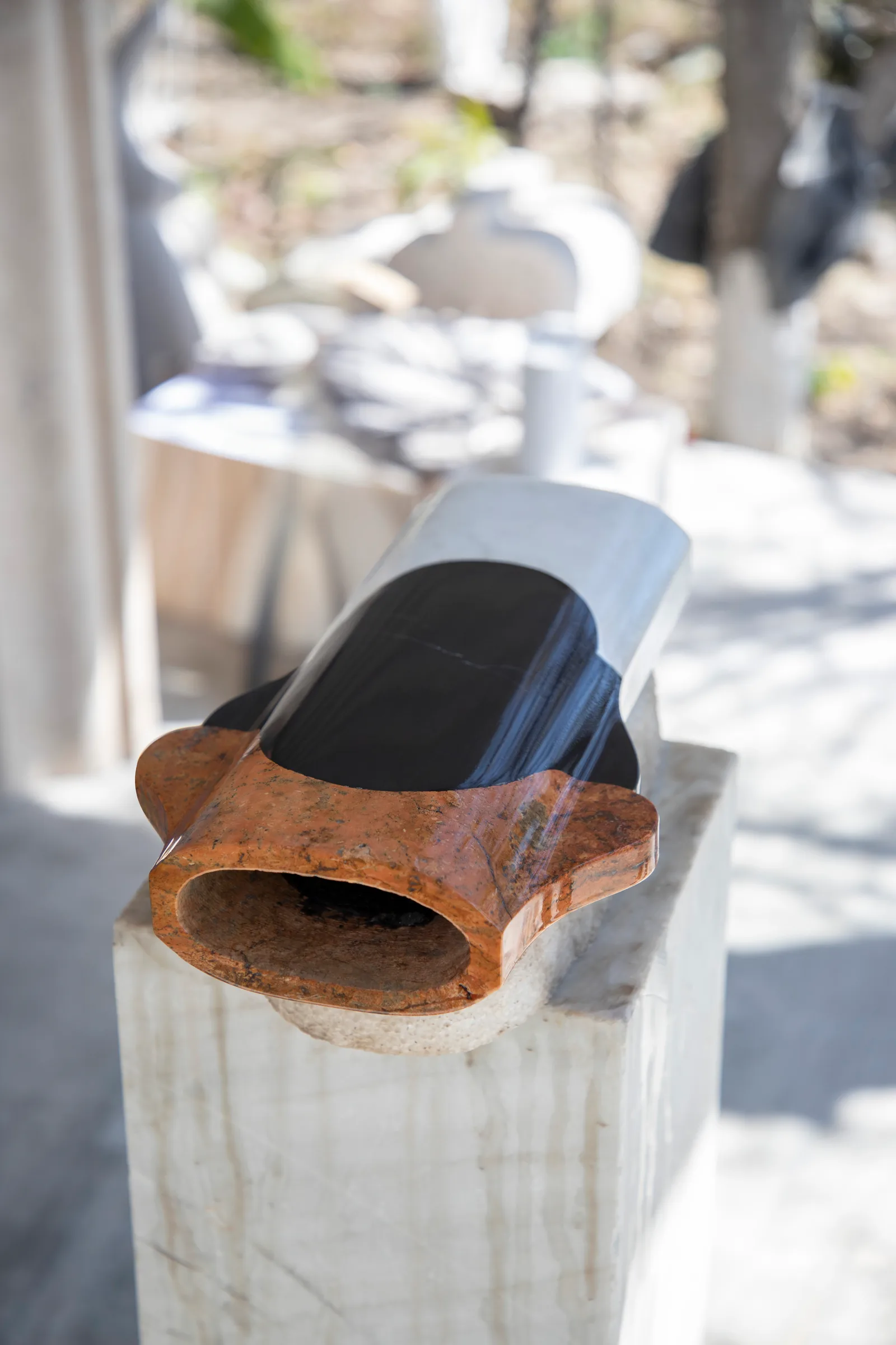 Abstracted Ancestry II.I vase in venetian marble, orizaba black marble, red travertine — work in progress
