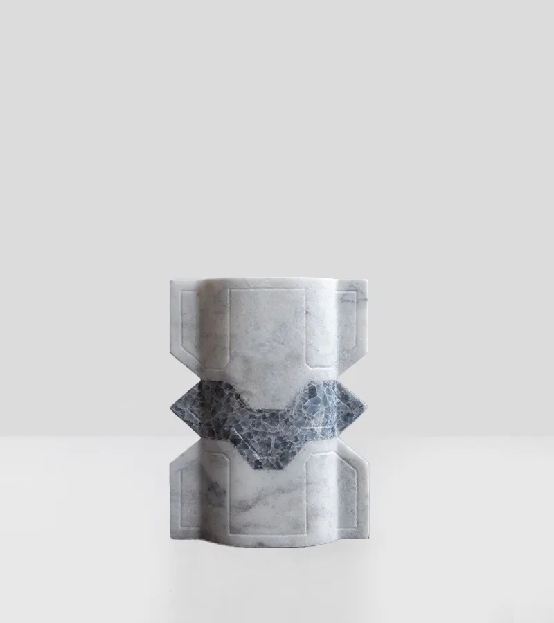 Místico II.III vase in venetian marble, blue calcite — studio view