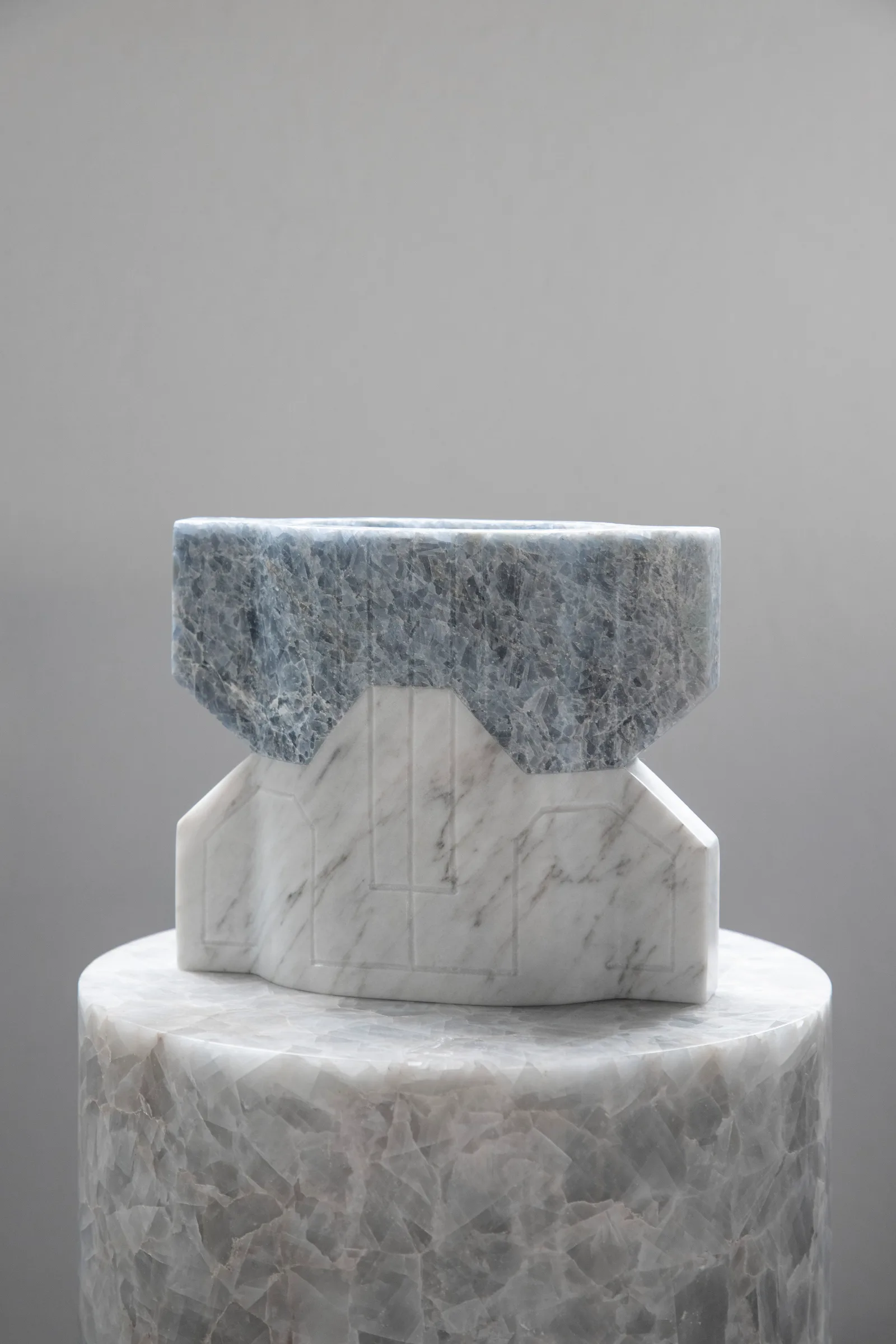 Místico I.III vase in blue calcite, venetian marble — exhibition view
