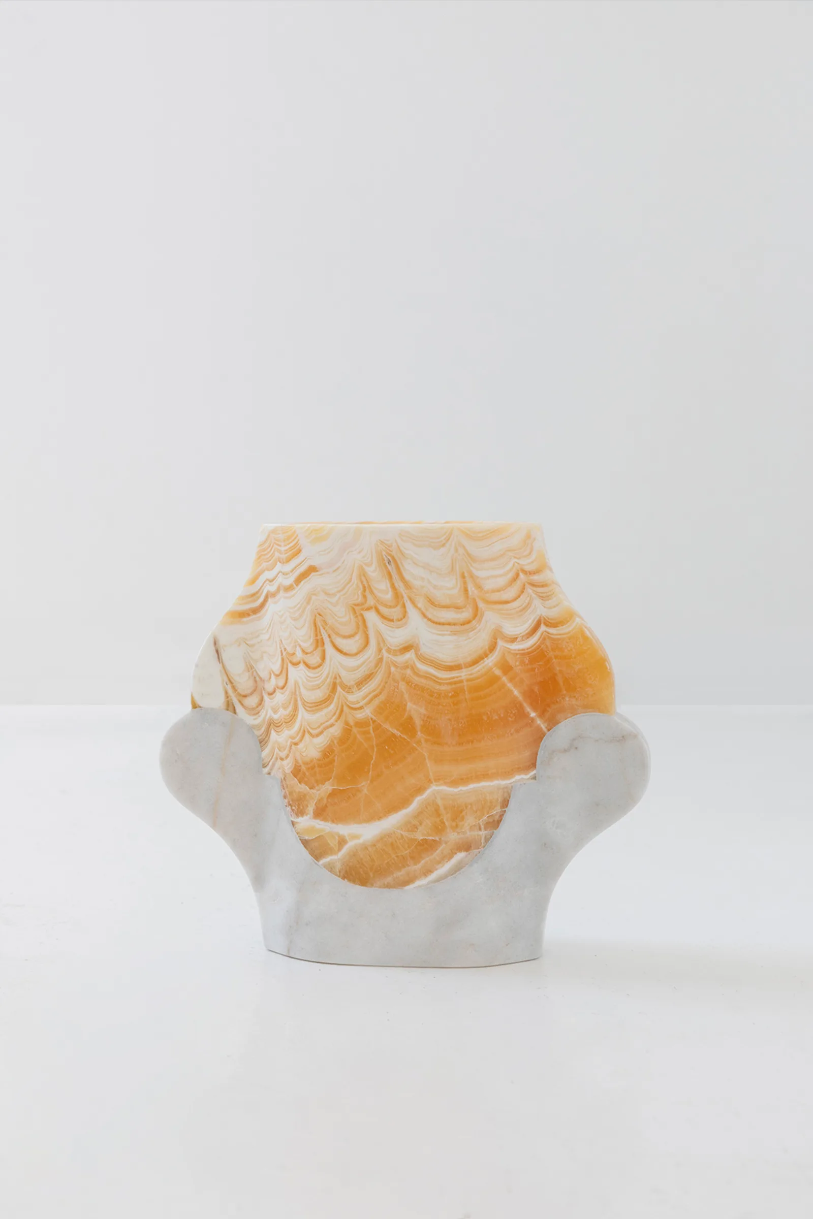Abstracted Ancestry I.I vase in pineapple onyx, venetian marble — studio view
