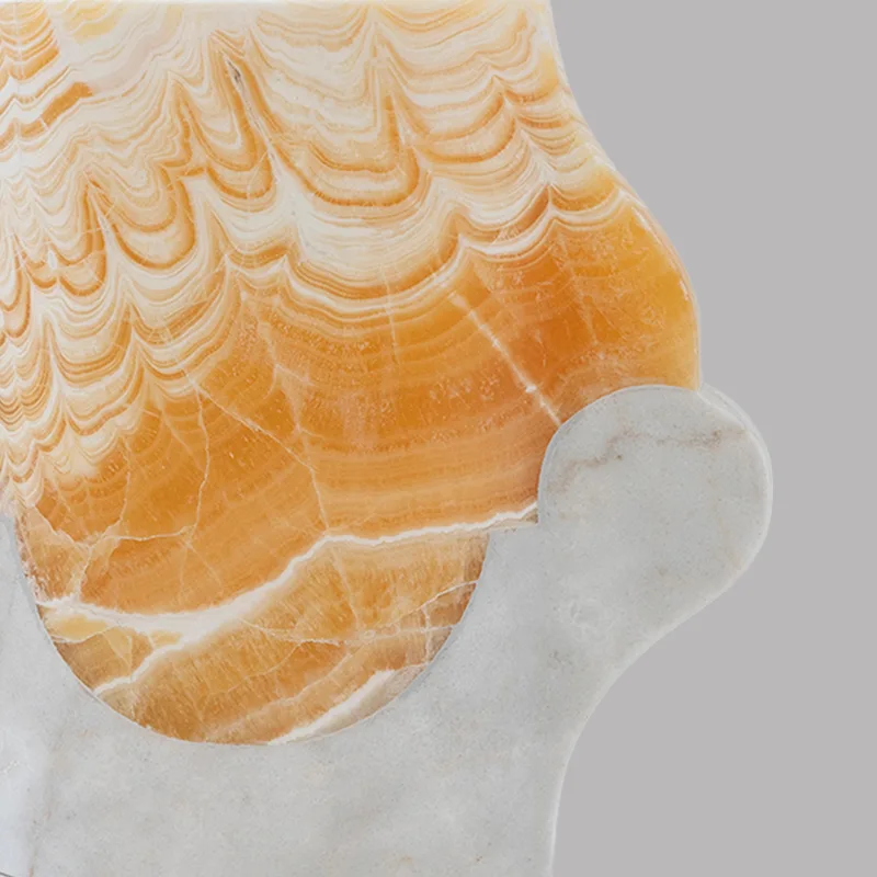 Abstracted Ancestry I.I vase in pineapple onyx, venetian marble — exhibition view