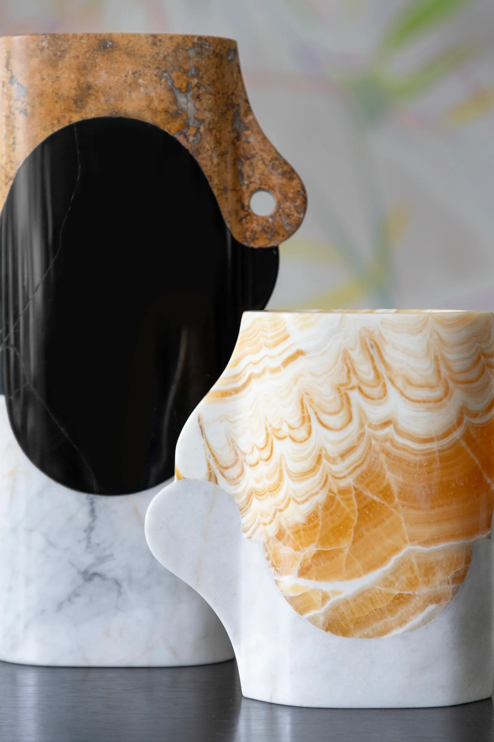 Abstracted Ancestry I.I vase in pineapple onyx, venetian marble — studio view