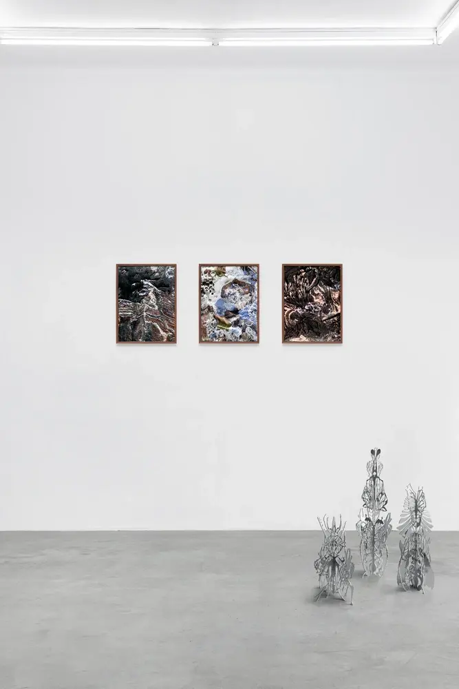 Vista della mostra con arazzi incorniciati e sculture di insetti in metallo sul pavimento della galleria