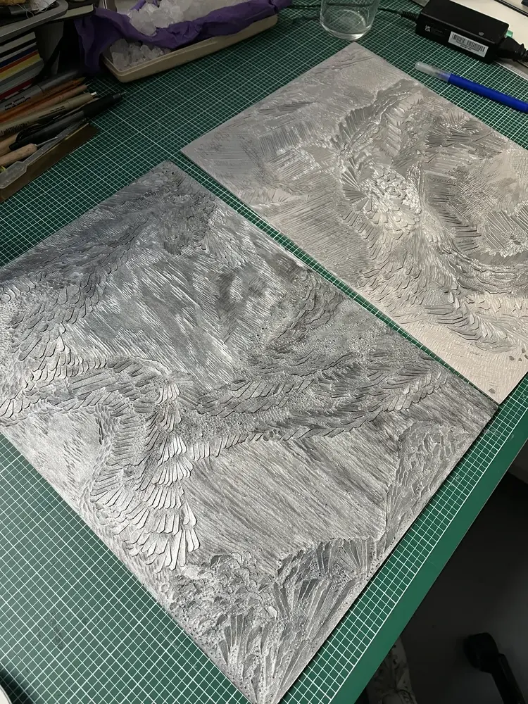 Studio work on metal panel, silver mineral, Anthropocene, Coco Brun, contemporary art