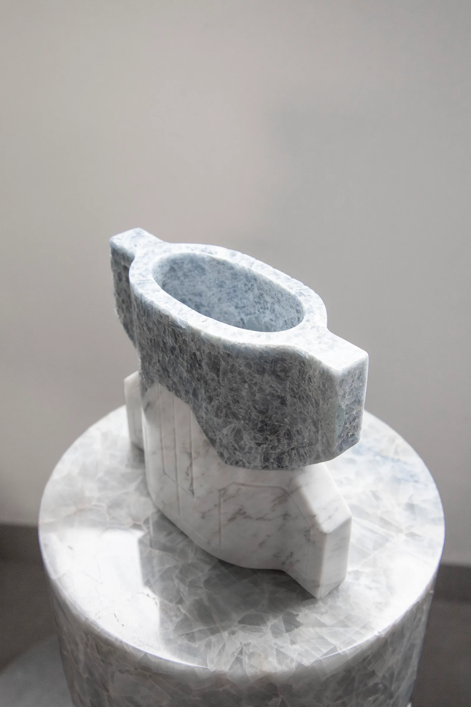 Místico I.III vase in blue calcite, venetian marble — exhibition view