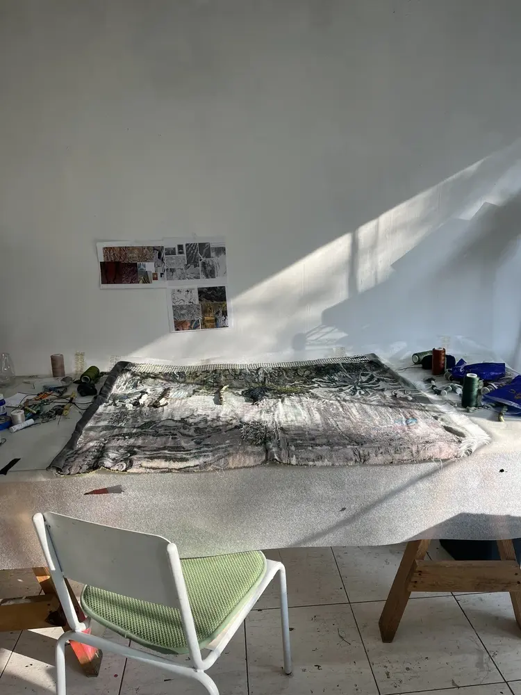 Work in progress, embroidery on woven industrial waste, Casa Lu artist residency, Mexico, Coco Brun