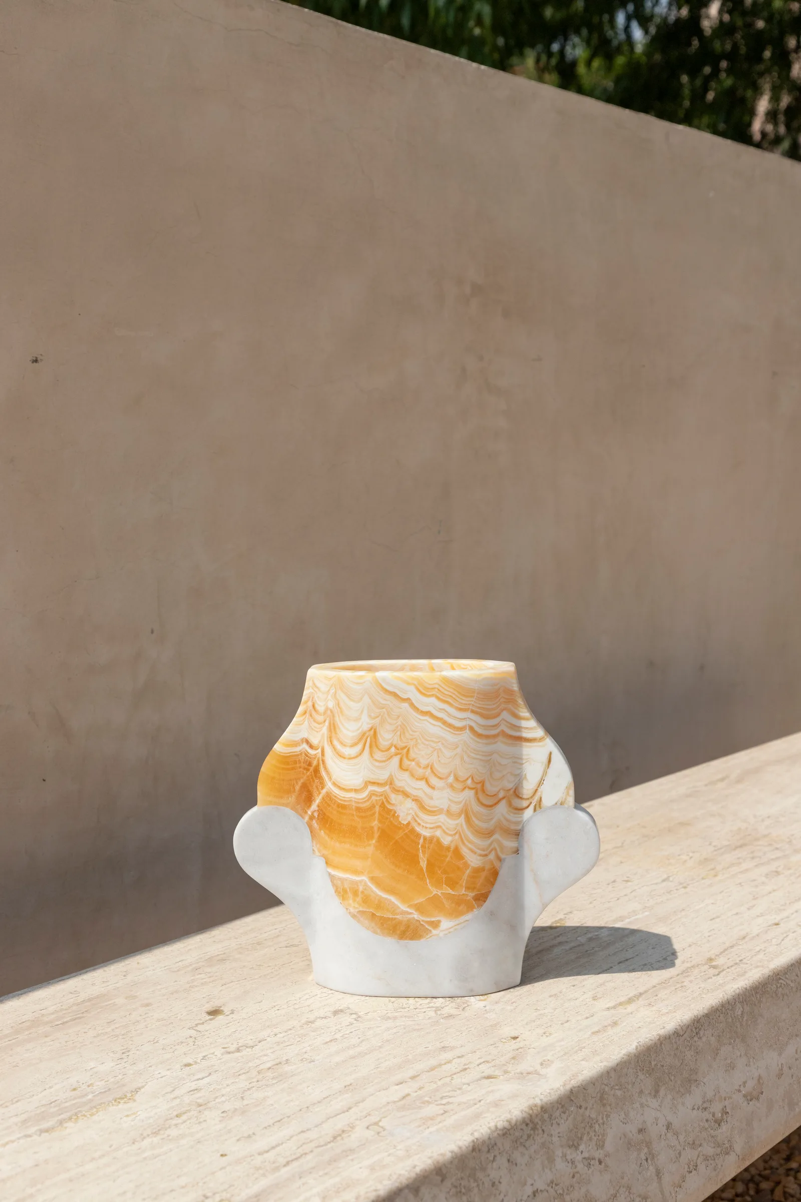 Abstracted Ancestry I.I vase in pineapple onyx, venetian marble — studio view