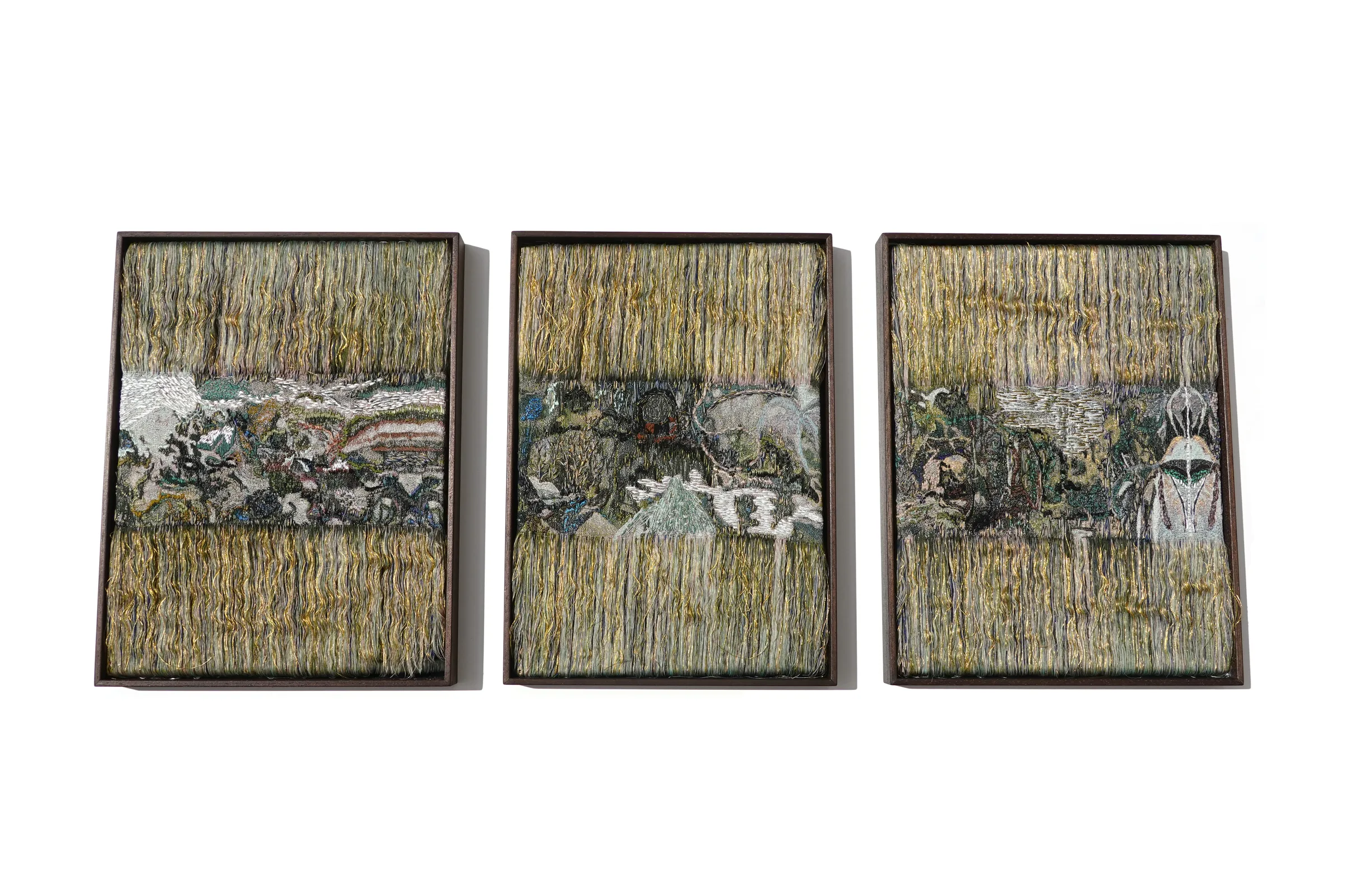 Metamorphic 01, woven and embroidered textile with fringe — exhibition view