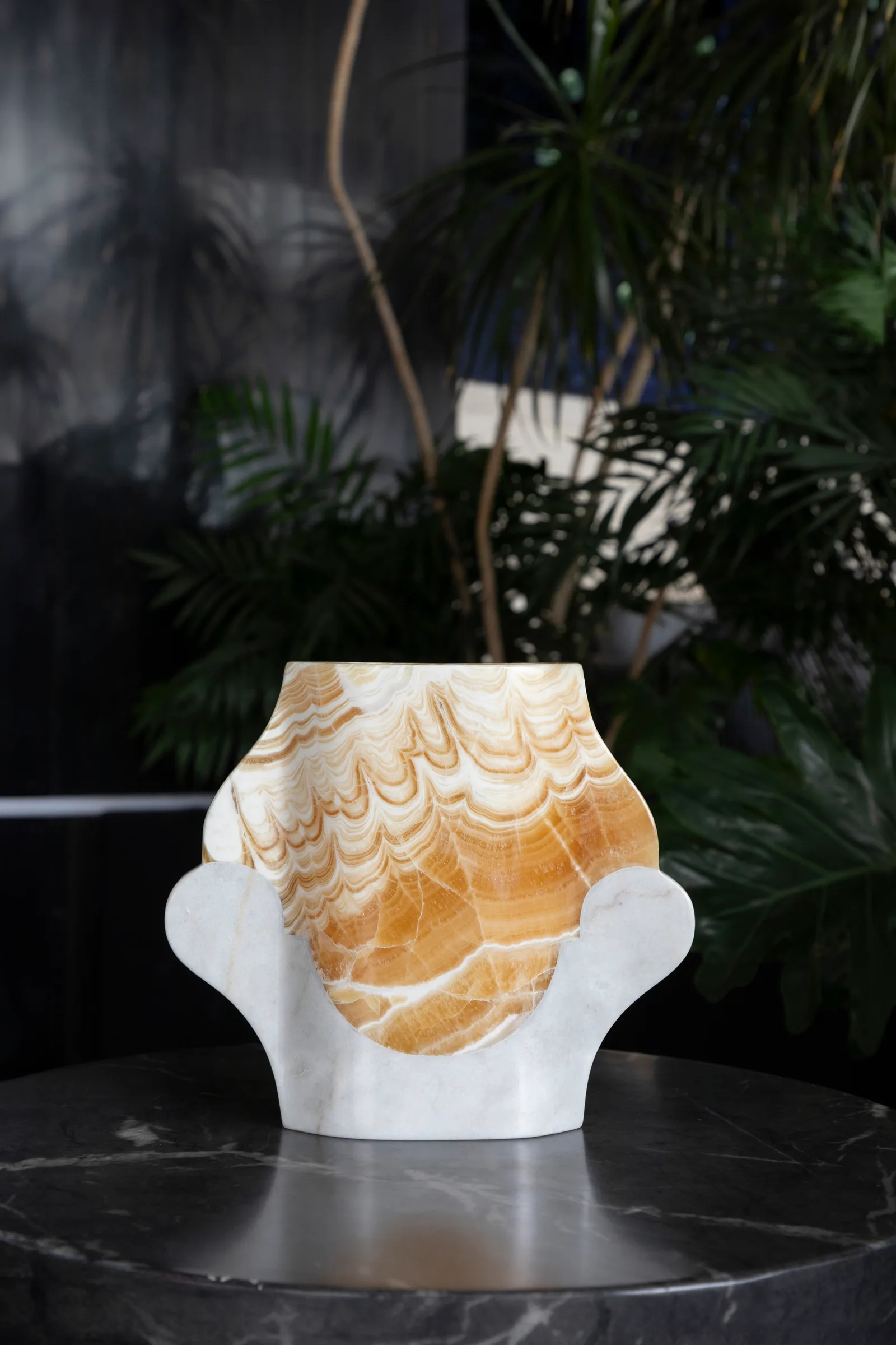 Abstracted Ancestry I.I vase in pineapple onyx, venetian marble — view of the work
