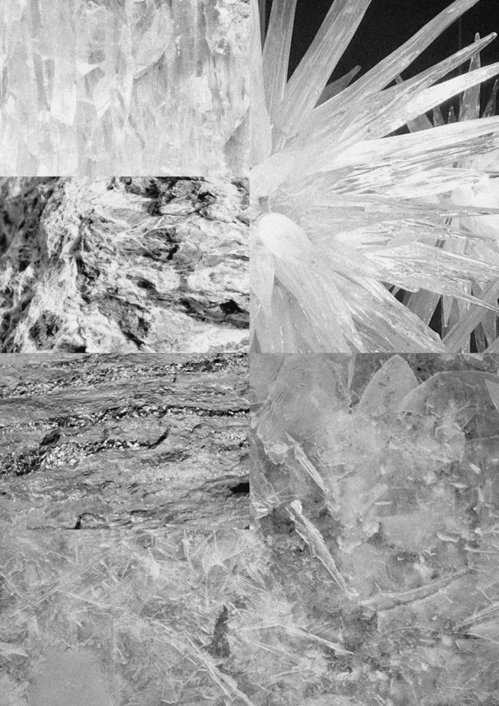 Collage estrattivista, immagini minerali, documentazione sull’estrazione.