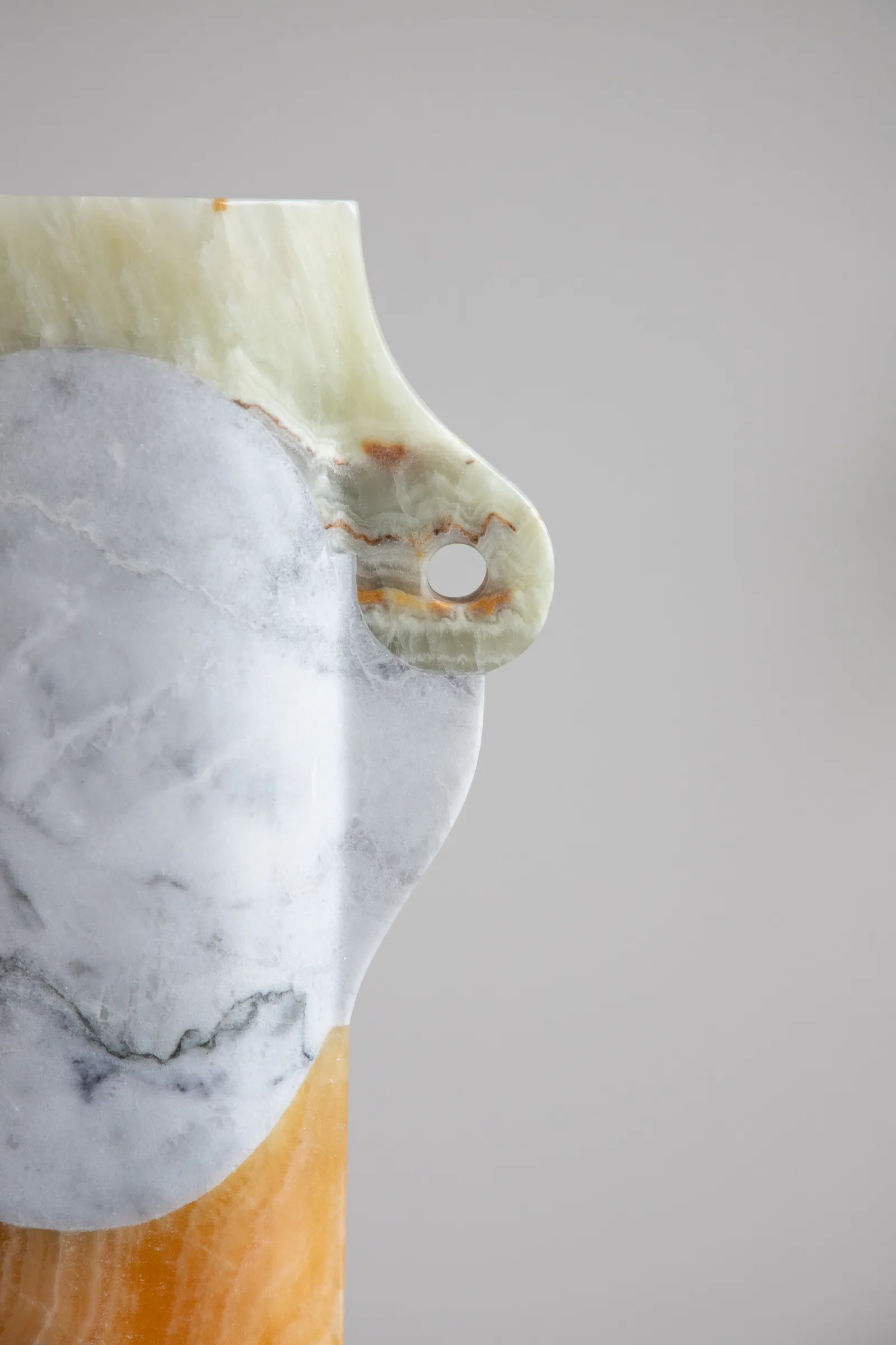 Abstracted Ancestry II.II vase in green talan onyx, venetian marble, pineapple onyx — exhibition view