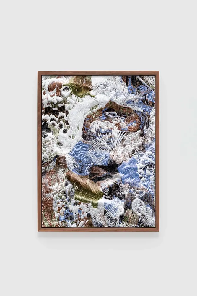 Framed embroidered tapestry with organic climate change motifs in mixed fibers