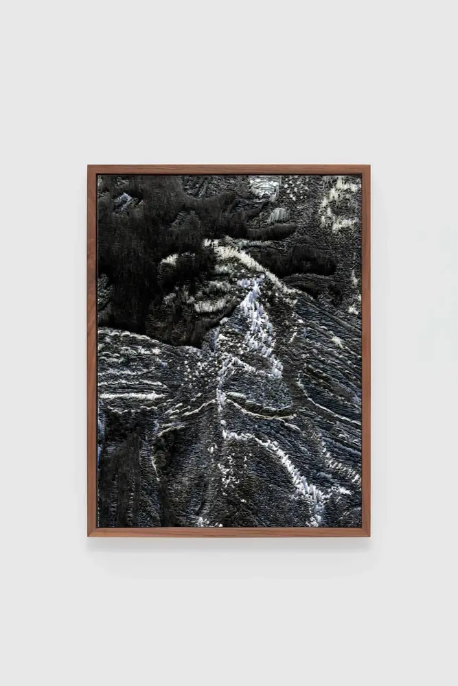 Ecopoetics Anthropocene art exhibition, embroidered weaving, wooden frame