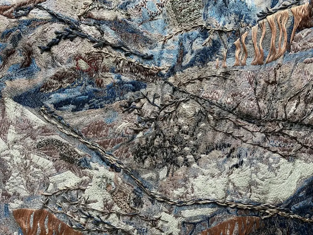Large-scale embroidered tapestry, nature-inspired textures, Art and Craft Fair, London