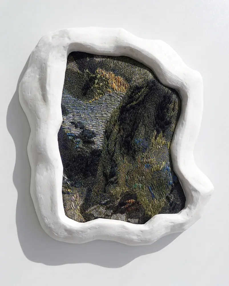 Embroidered landscape tapestry in sculpted white ceramic frame, Puglia residency