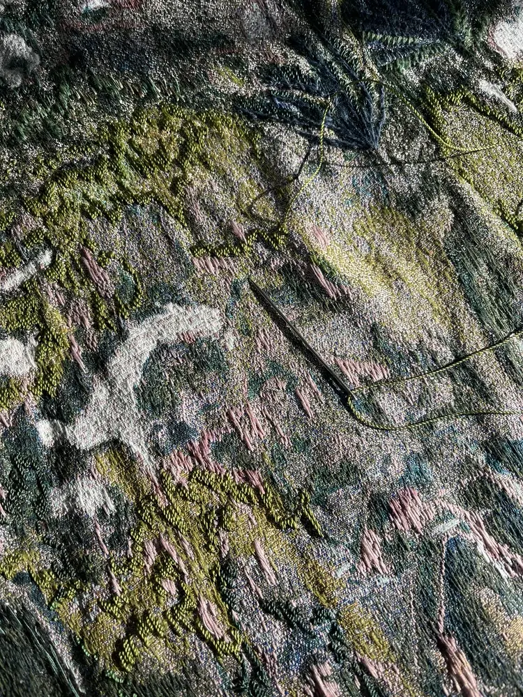 Environmental Justice — embroidered textile fragment, natural dyes, eco‑art