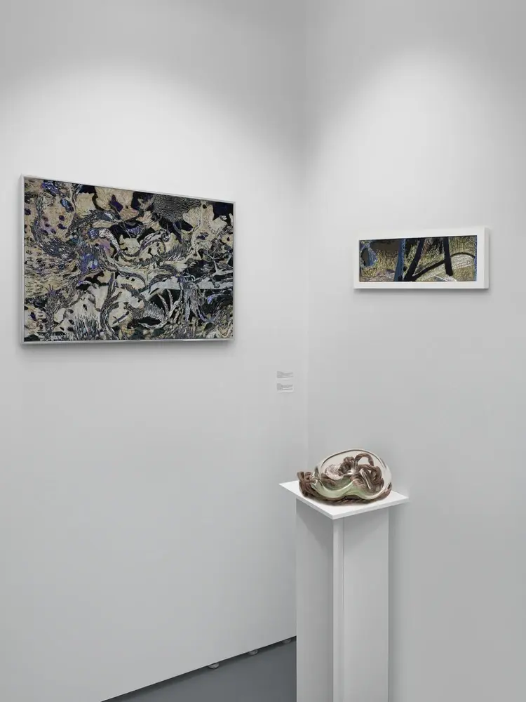 Art Fair Miami exhibition, embroidered tapestry and glass-fiber cocoon, Coco Brun, contemporary art