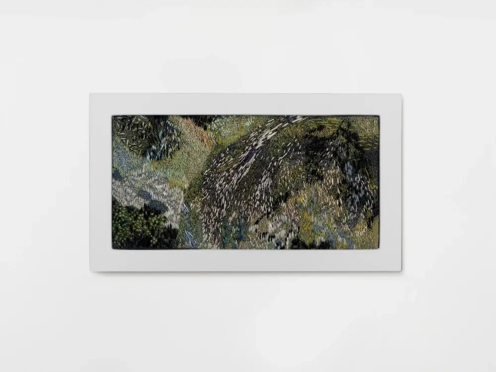 Embroidered coastal landscape, plaster frame, recycled luxury textile fibers, Coco Brun, environmental art