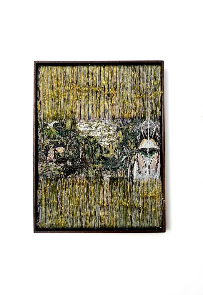 Embroidered metamorphic tropical landscape, multicolor and gold threads, natural wood frame, Coco Brun, contemporary art, REA Art Fair