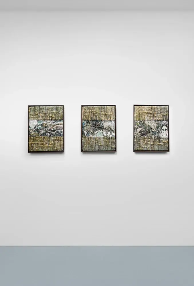 Coco Brun, weaving with gold threads, luxury textile waste, triptych metamorphic tropical landscape