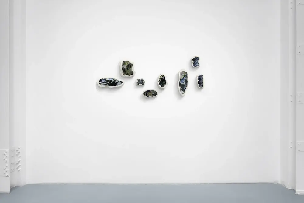 Overview, small embroidered Mediterranean landscape painting, organic plaster frame, Coco Brun, contemporary art