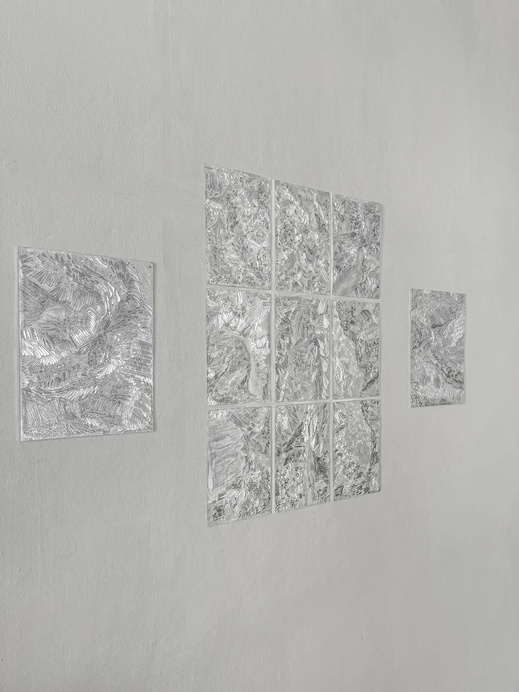 Engraved metal panels, mining extraction, gallery wall