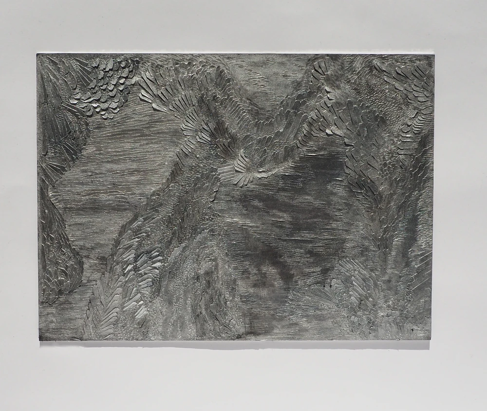 Engraved metal panel, geological imagery of mining extraction