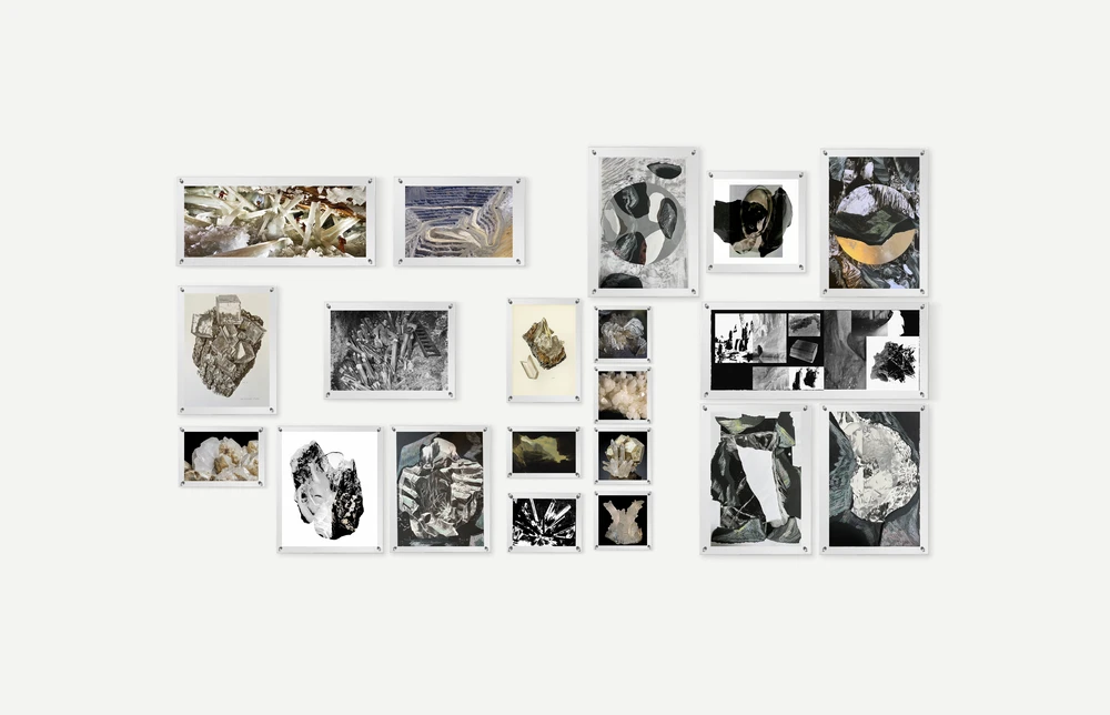 Research board, minerals, mining sites, crystalline formations