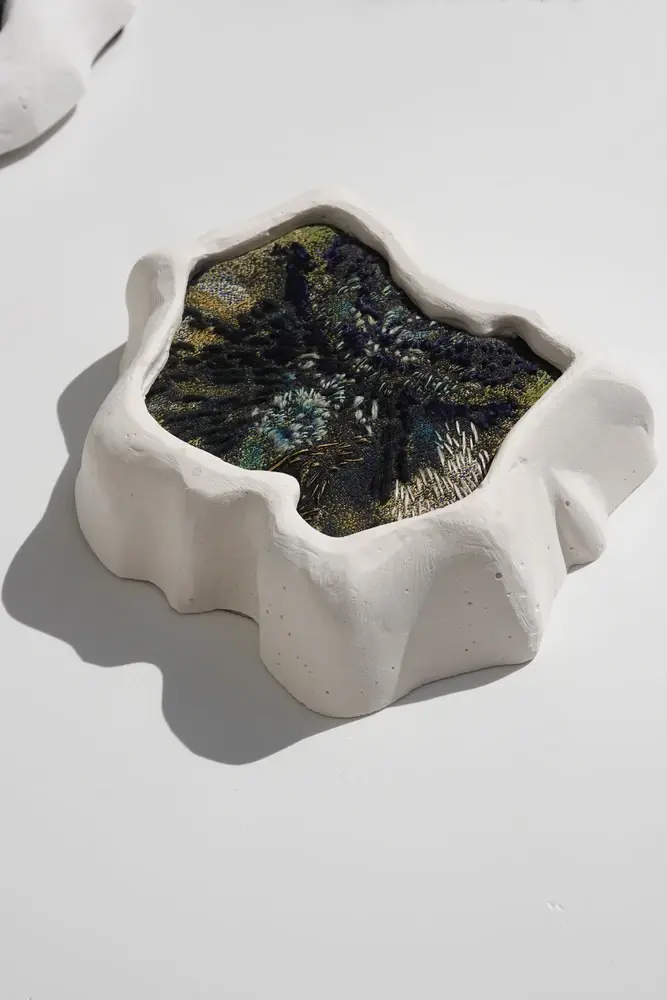 Small embroidered Mediterranean landscape textile with textures, organic frame with rock-like contours, Coco Brun, contemporary art